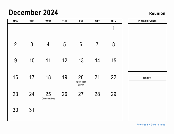 December 2024 Printable Monthly Calendar with Reunion Holidays