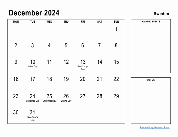 December 2024 Printable Monthly Calendar with Sweden Holidays