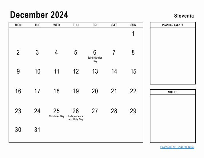 December 2024 Printable Monthly Calendar with Slovenia Holidays