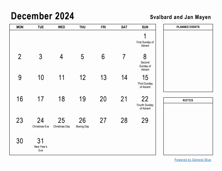 December 2024 Printable Monthly Calendar with Svalbard and Jan Mayen Holidays