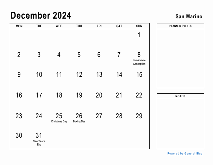 December 2024 Printable Monthly Calendar with San Marino Holidays