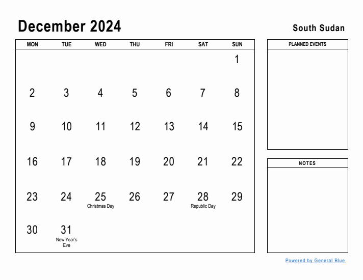 December 2024 Printable Monthly Calendar with South Sudan Holidays