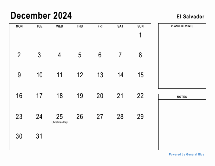 December 2024 Printable Monthly Calendar with El Salvador Holidays