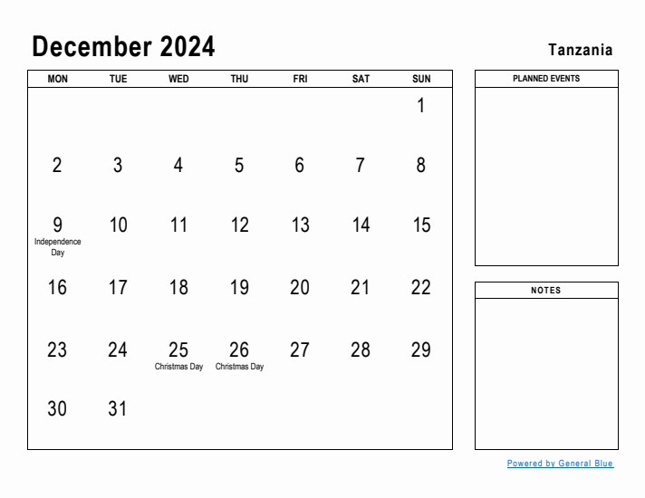 December 2024 Printable Monthly Calendar with Tanzania Holidays