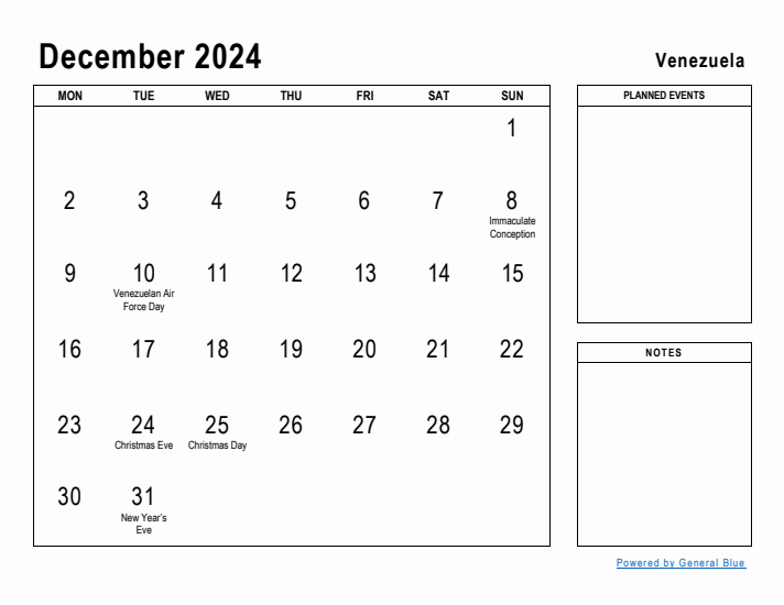 December 2024 Printable Monthly Calendar with Venezuela Holidays