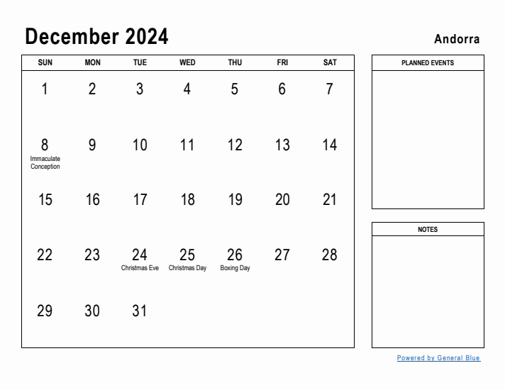 December 2024 Printable Monthly Calendar with Andorra Holidays