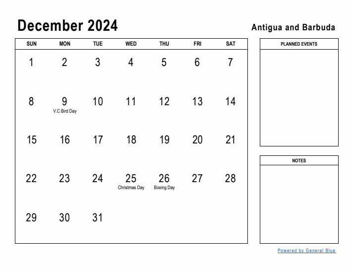 December 2024 Printable Monthly Calendar with Antigua and Barbuda Holidays