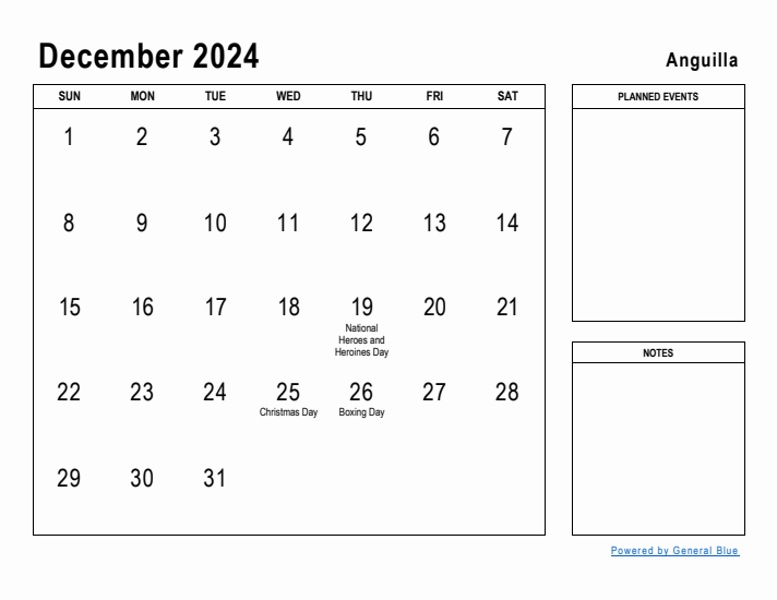 December 2024 Printable Monthly Calendar with Anguilla Holidays