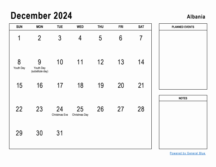 December 2024 Printable Monthly Calendar with Albania Holidays