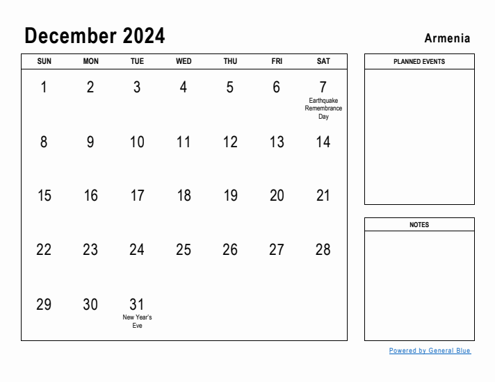 December 2024 Printable Monthly Calendar with Armenia Holidays