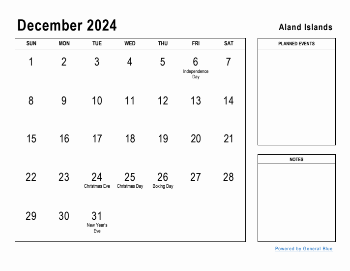 December 2024 Printable Monthly Calendar with Aland Islands Holidays