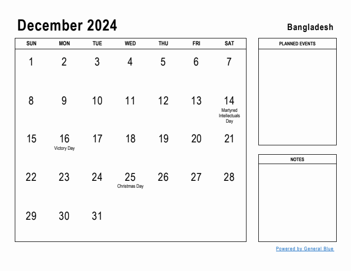 December 2024 Printable Monthly Calendar with Bangladesh Holidays