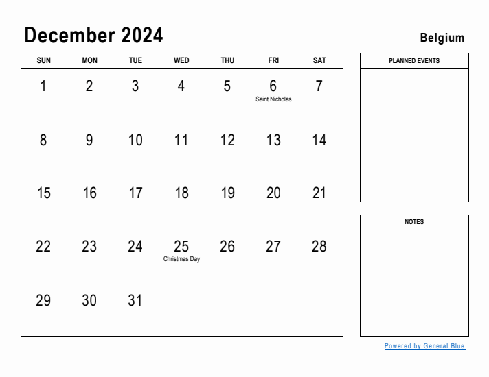 December 2024 Printable Monthly Calendar with Belgium Holidays