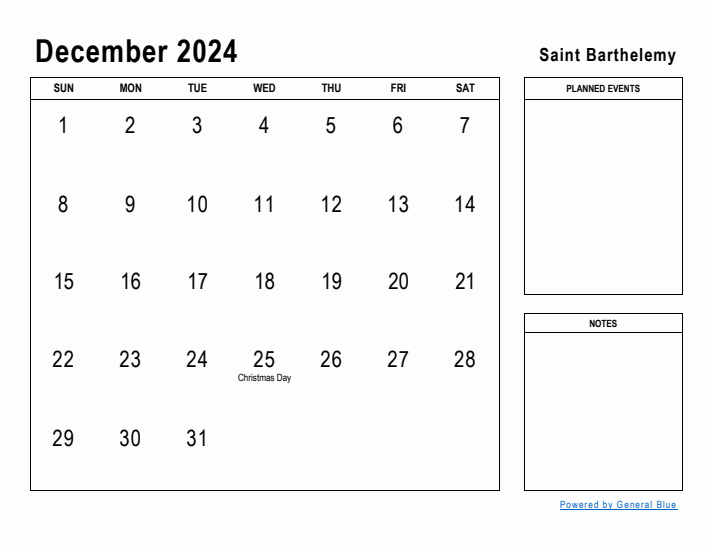 December 2024 Printable Monthly Calendar with Saint Barthelemy Holidays