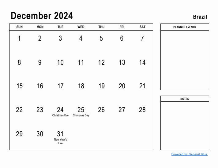 December 2024 Printable Monthly Calendar with Brazil Holidays