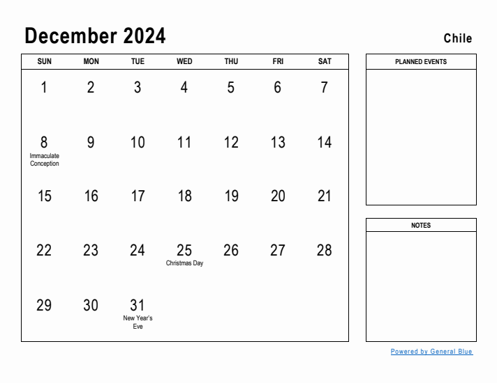 December 2024 Printable Monthly Calendar with Chile Holidays