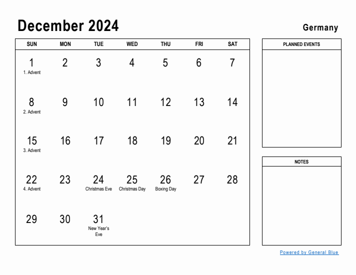 December 2024 Printable Monthly Calendar with Germany Holidays