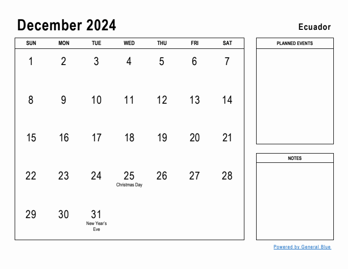 December 2024 Printable Monthly Calendar with Ecuador Holidays