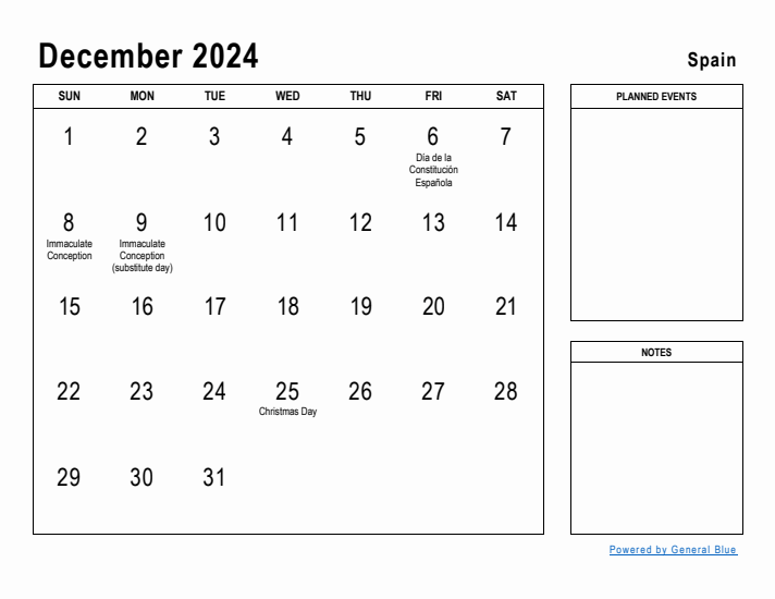 December 2024 Printable Monthly Calendar with Spain Holidays