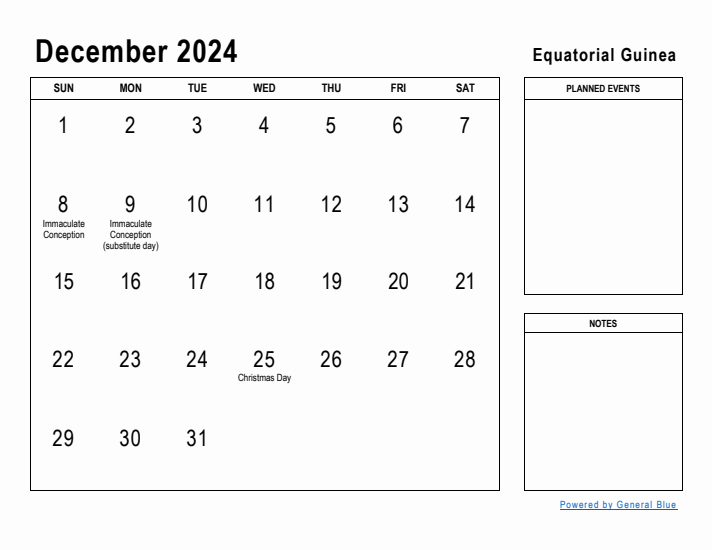 December 2024 Printable Monthly Calendar with Equatorial Guinea Holidays