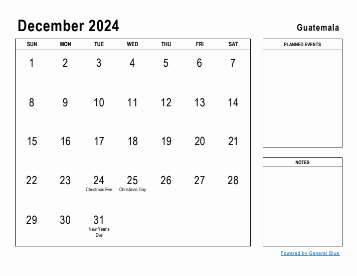 December 2024 Printable Monthly Calendar with Guatemala Holidays