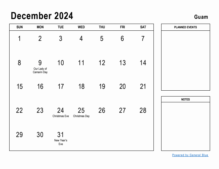 December 2024 Printable Monthly Calendar with Guam Holidays