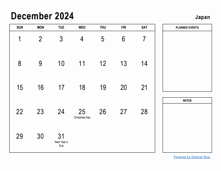 December 2024 Printable Monthly Calendar with Japan Holidays