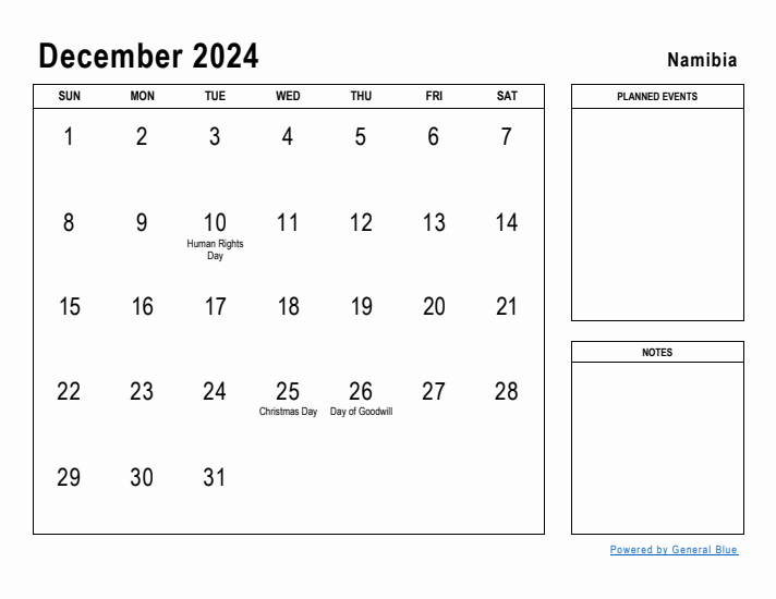 December 2024 Printable Monthly Calendar with Namibia Holidays