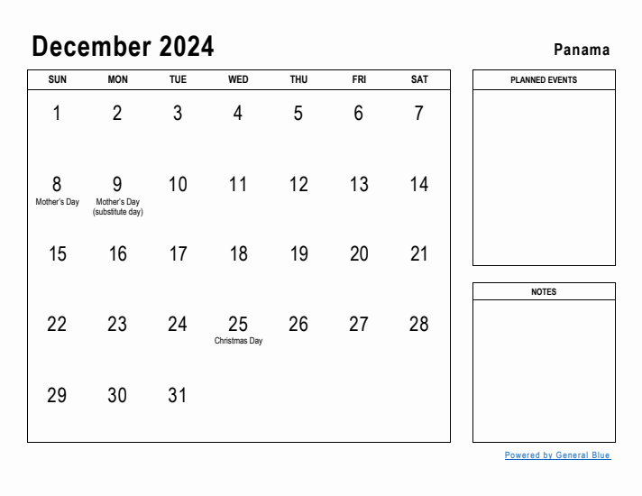 December 2024 Printable Monthly Calendar with Panama Holidays