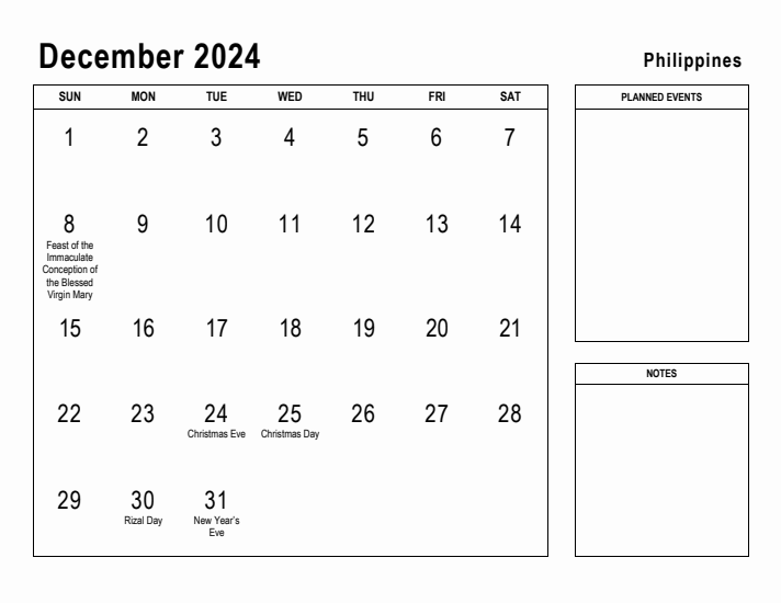 December 2024 Printable Monthly Calendar with Philippines Holidays