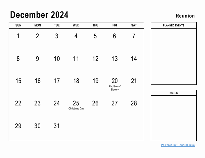 December 2024 Printable Monthly Calendar with Reunion Holidays