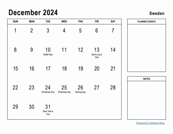 December 2024 Printable Monthly Calendar with Sweden Holidays