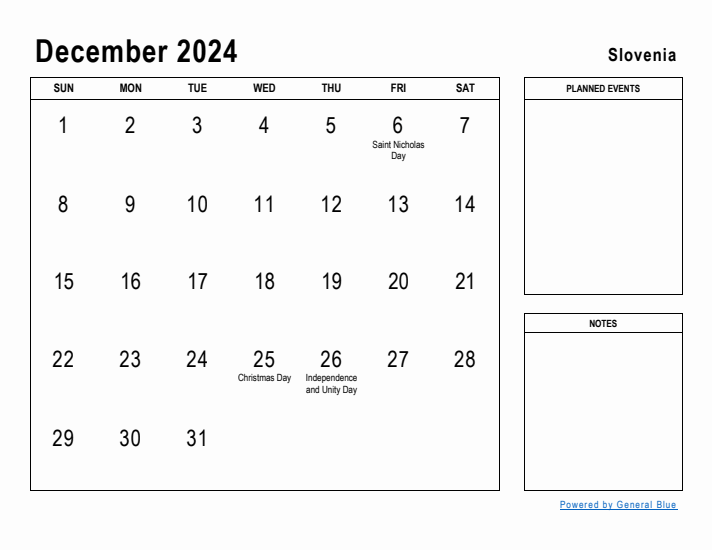 December 2024 Printable Monthly Calendar with Slovenia Holidays