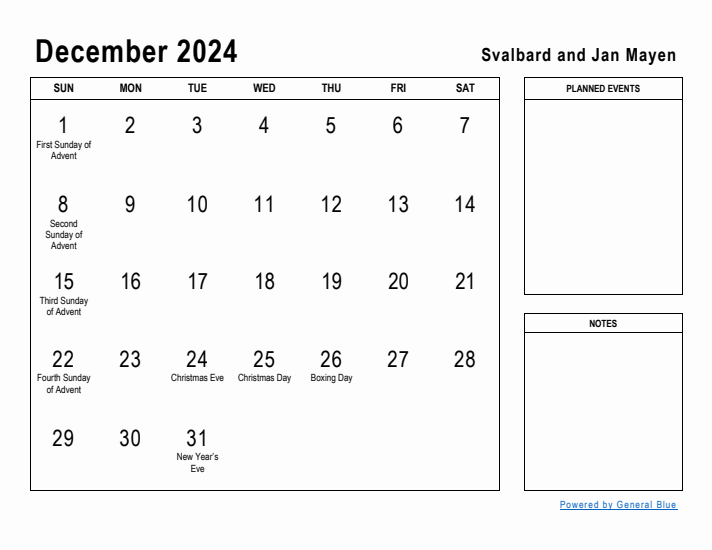 December 2024 Printable Monthly Calendar with Svalbard and Jan Mayen Holidays