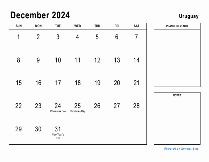 December 2024 Printable Monthly Calendar with Uruguay Holidays