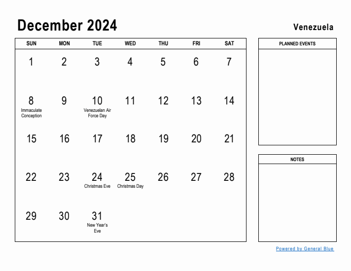 December 2024 Printable Monthly Calendar with Venezuela Holidays