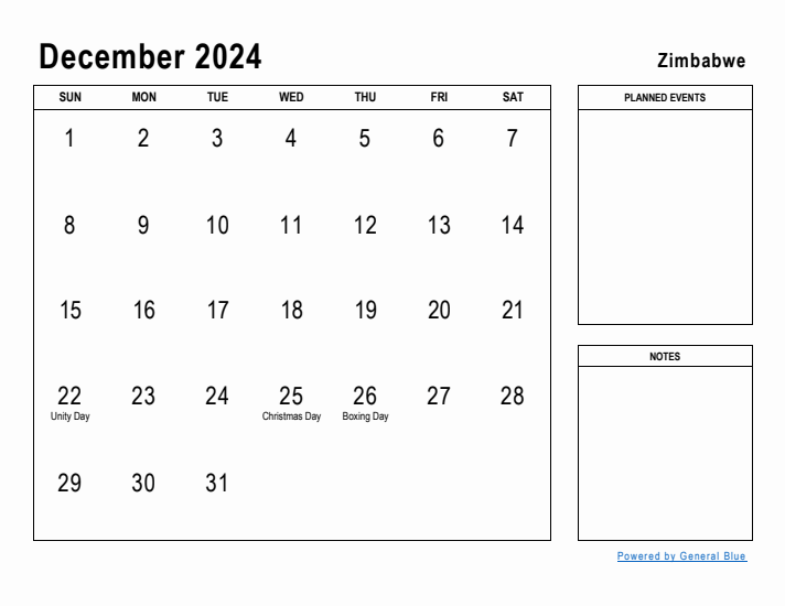 December 2024 Printable Monthly Calendar with Zimbabwe Holidays