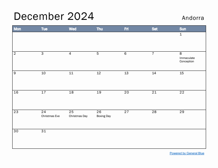 December 2024 Simple Monthly Calendar for Andorra