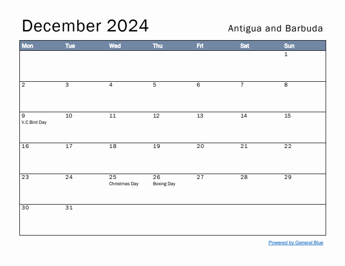 December 2024 Simple Monthly Calendar for Antigua and Barbuda