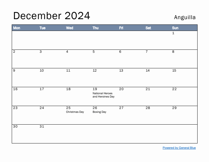 December 2024 Simple Monthly Calendar for Anguilla