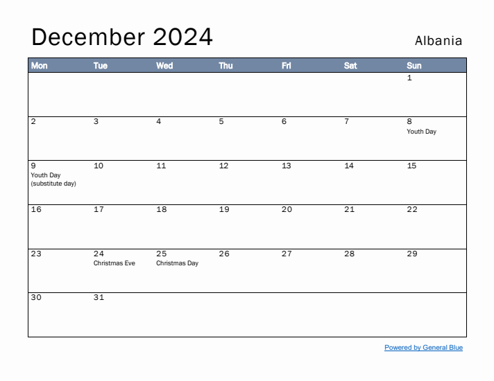 December 2024 Simple Monthly Calendar for Albania