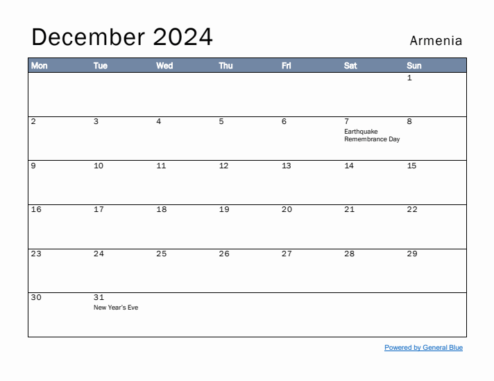 December 2024 Simple Monthly Calendar for Armenia