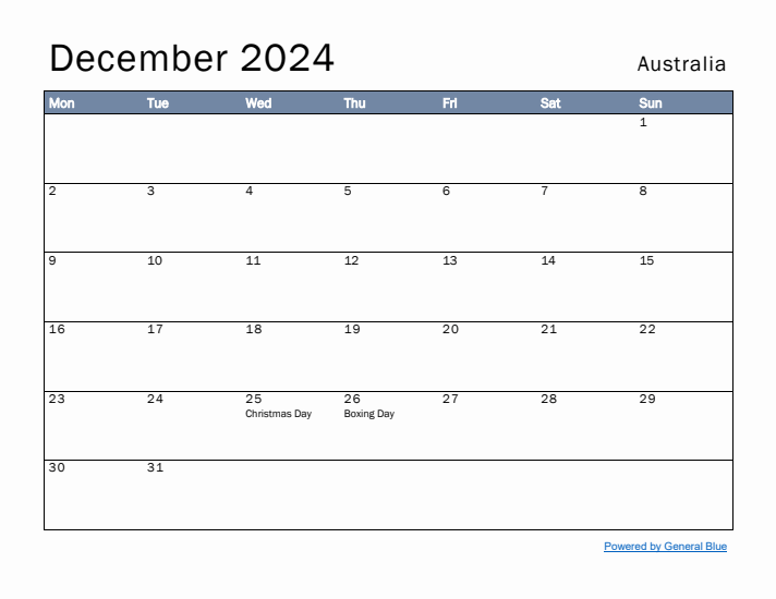 December 2024 Simple Monthly Calendar for Australia