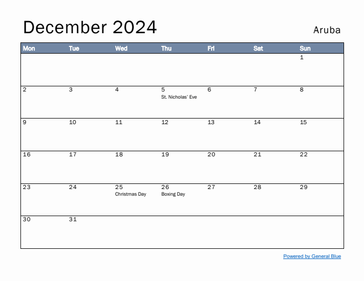 December 2024 Simple Monthly Calendar for Aruba