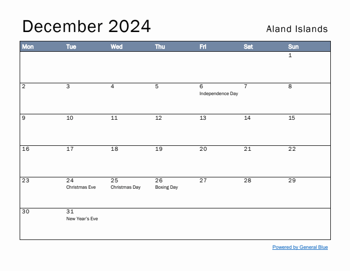 December 2024 Simple Monthly Calendar for Aland Islands