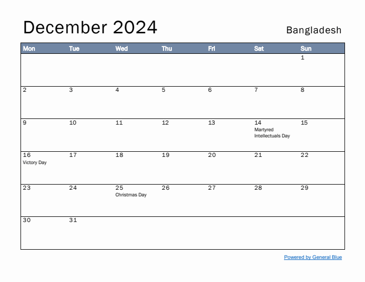 December 2024 Simple Monthly Calendar for Bangladesh