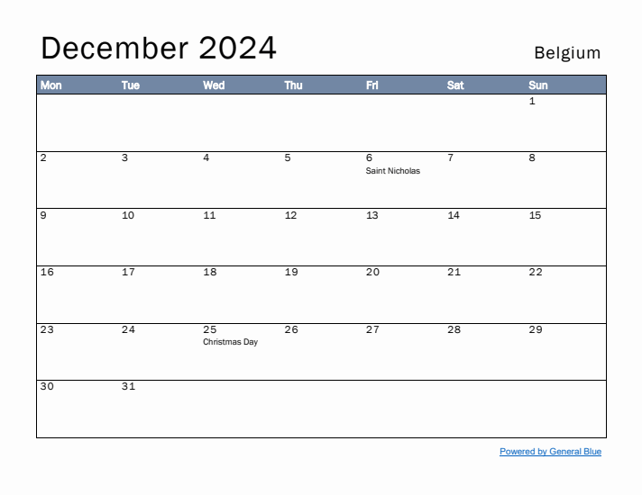 December 2024 Simple Monthly Calendar for Belgium