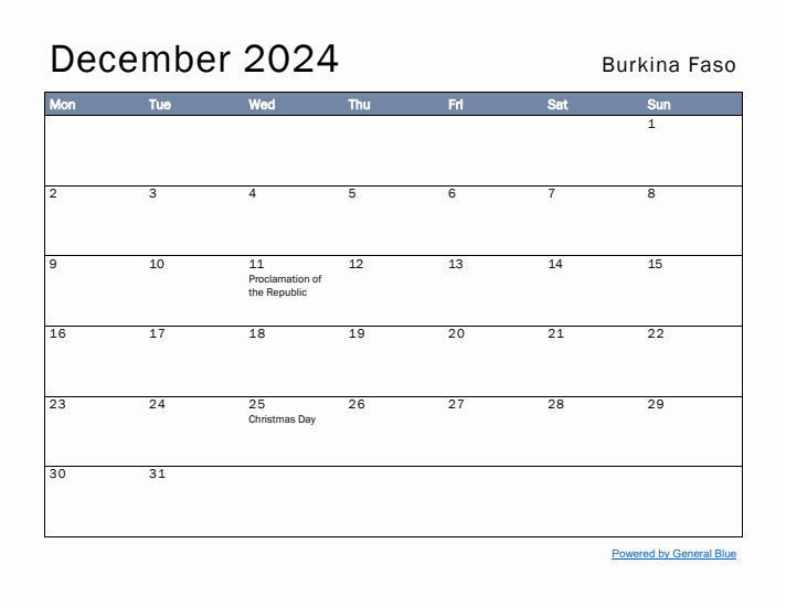 December 2024 Simple Monthly Calendar for Burkina Faso