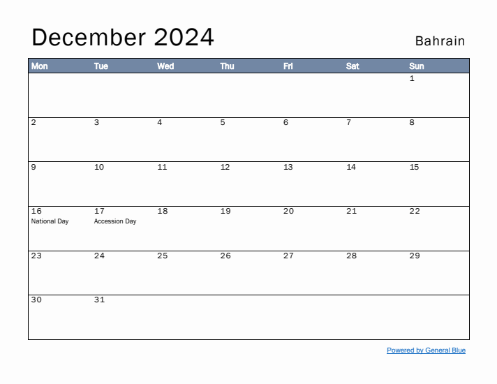 December 2024 Simple Monthly Calendar for Bahrain