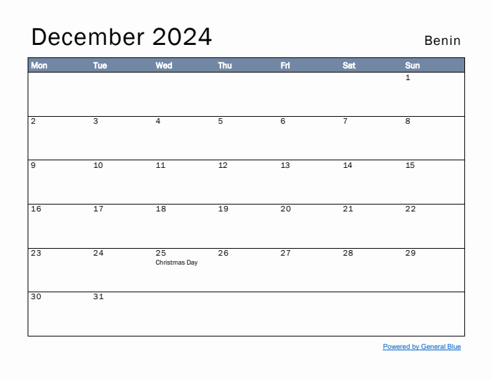 December 2024 Simple Monthly Calendar for Benin